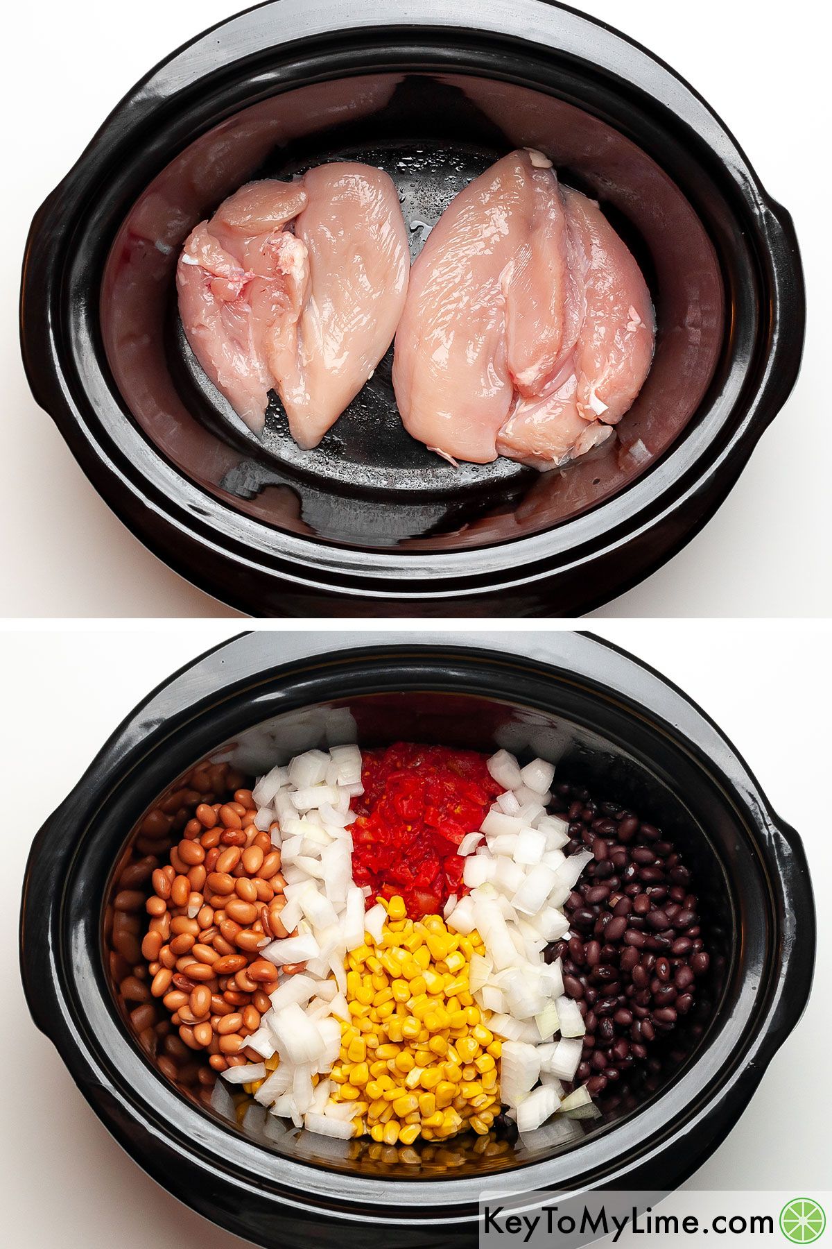 A process collage showing the addition of chicken, beans, onions, corn, and RO-TEL to a slow cooker.