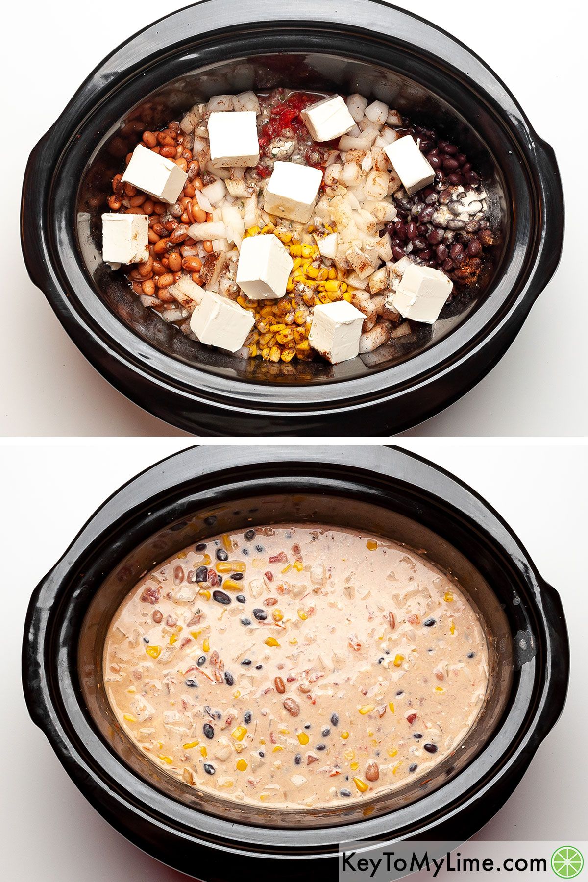 A process collage showing the addition of cream cheese to the chili ingredients, and then what it looks like after cooking in the slow cooker.