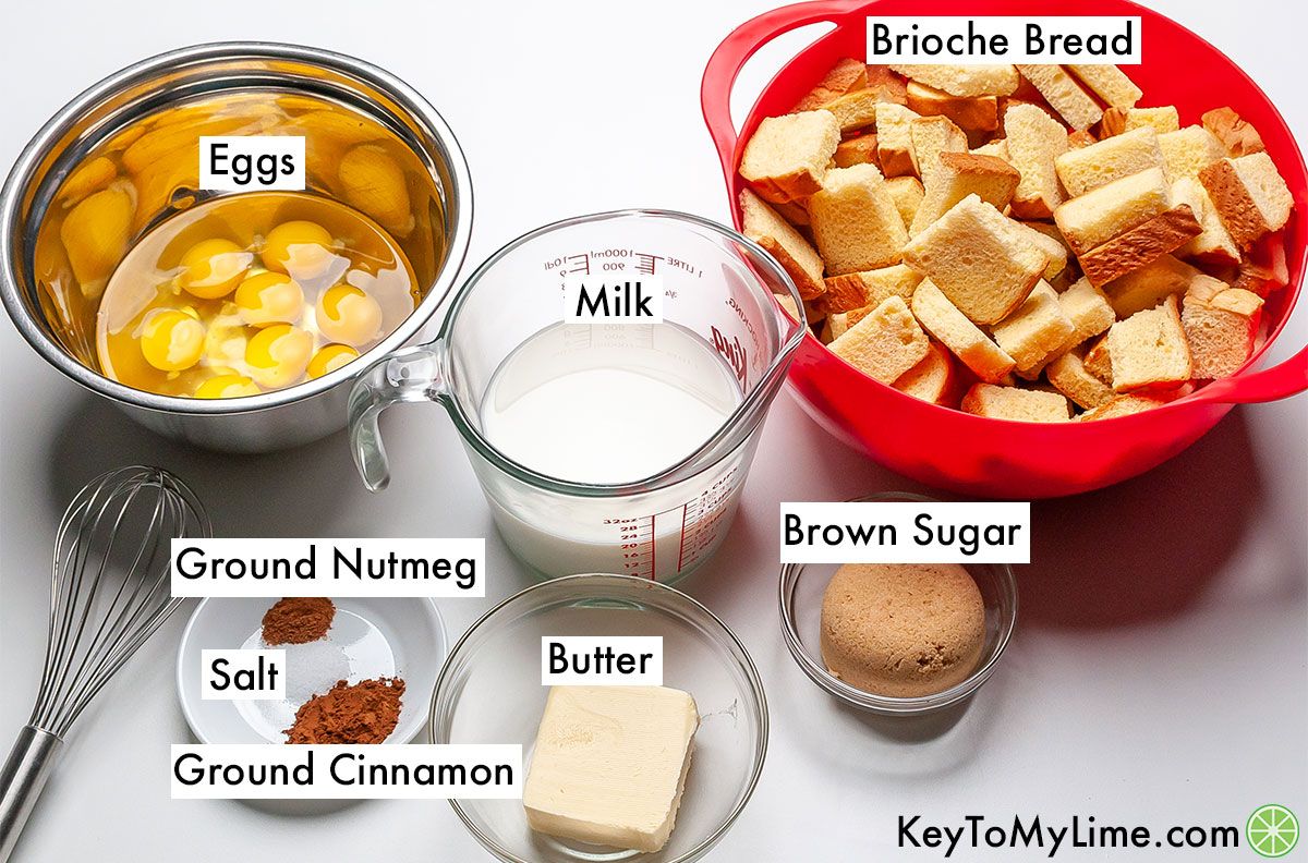 The labeled ingredients for the French toast casserole.