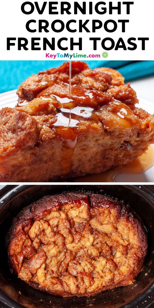 A Pinterest pin image with French toast casserole images with title text at the top.