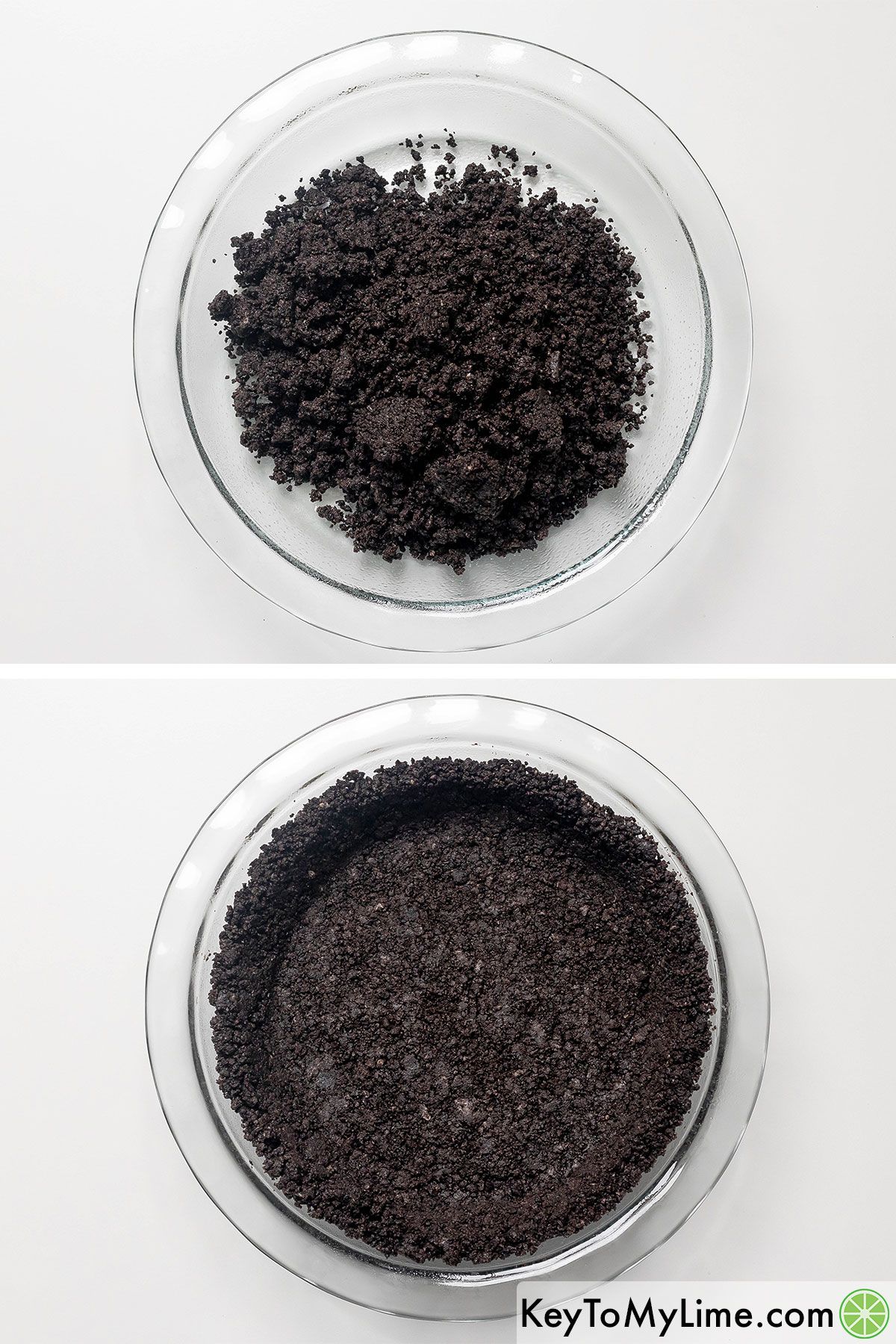 Place the crumbled Oreo mixture on a cake plate and spread it evenly.