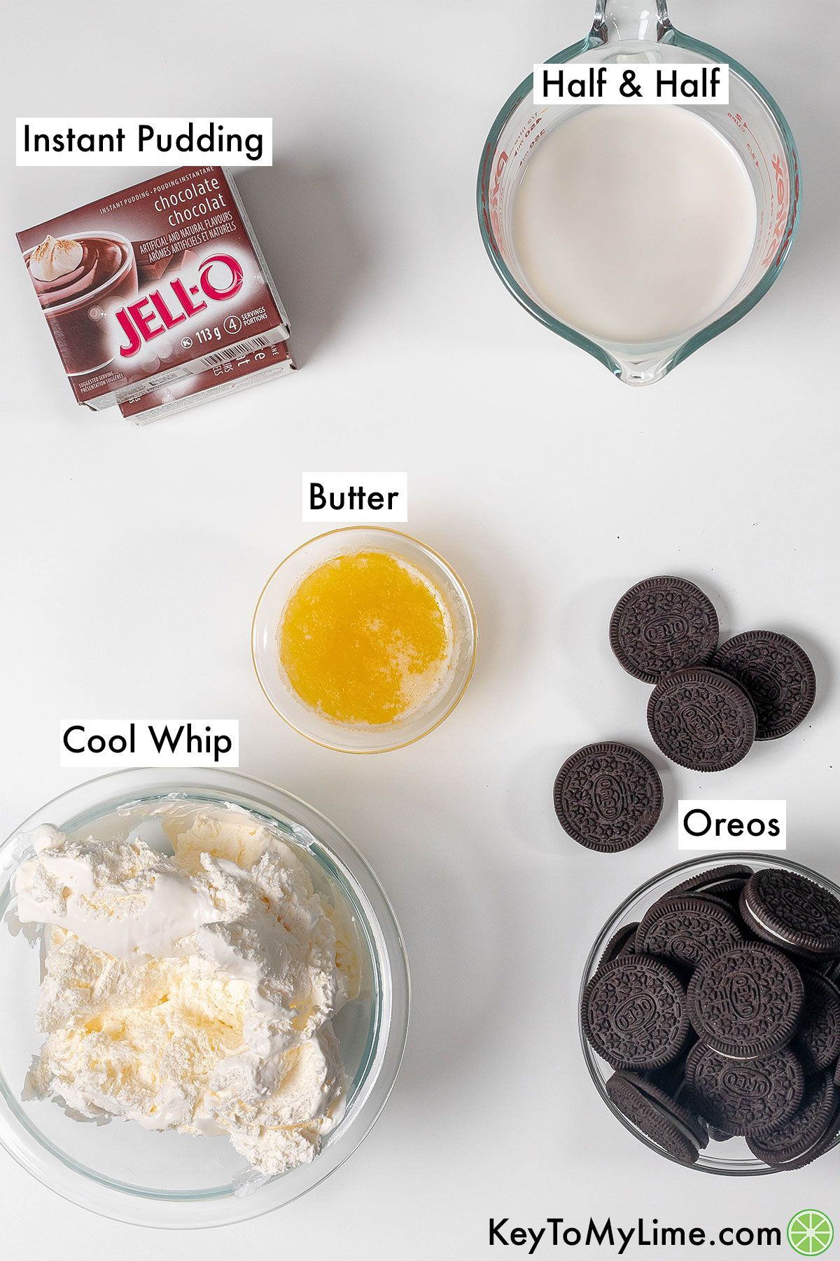 The labeled ingredients for chocolate jelly pudding cake.